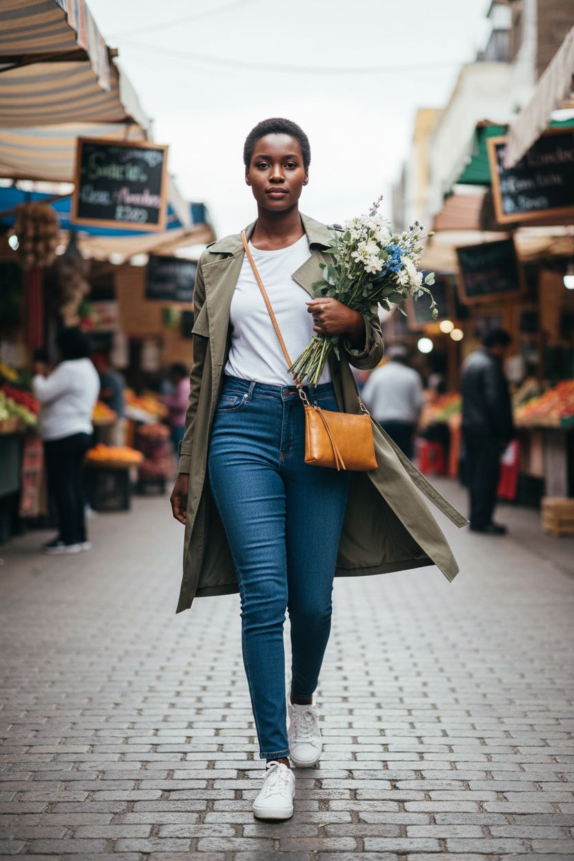 HOBO Darcy Crossbody Bag worn at the hip, perfect for market strolls with a casual outfit.