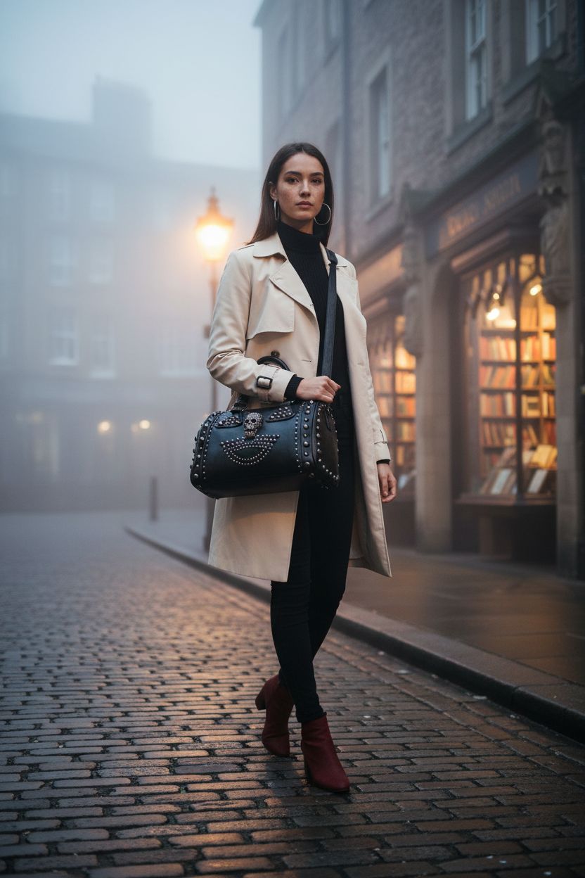Gothic Women Skull Handbag by AlwaySky on a foggy street, perfect for Halloween vibes.