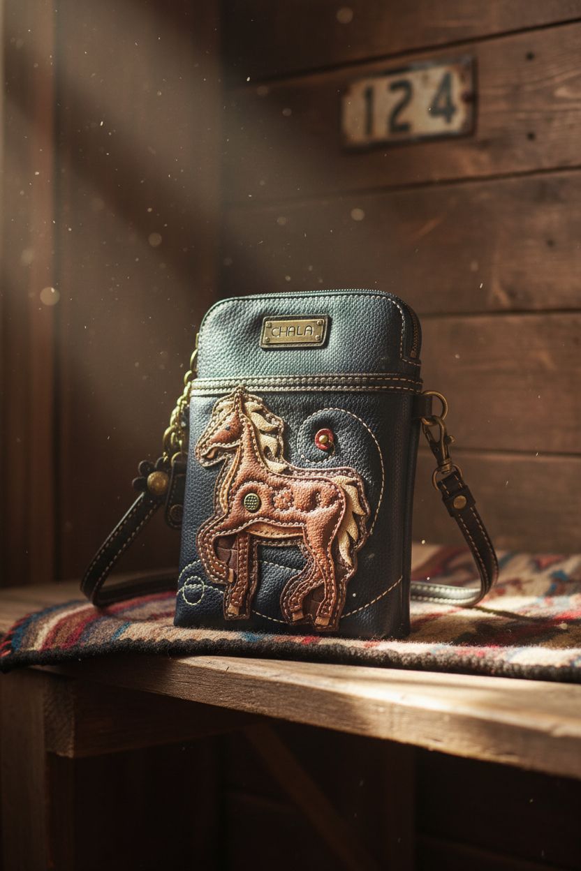 CHALA horse purse resting on a rustic bench in a cozy tack room