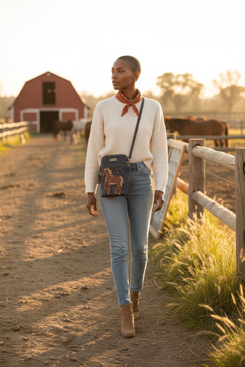 CHALA horse crossbody purse in navy against a cream sweater at a horse ranch