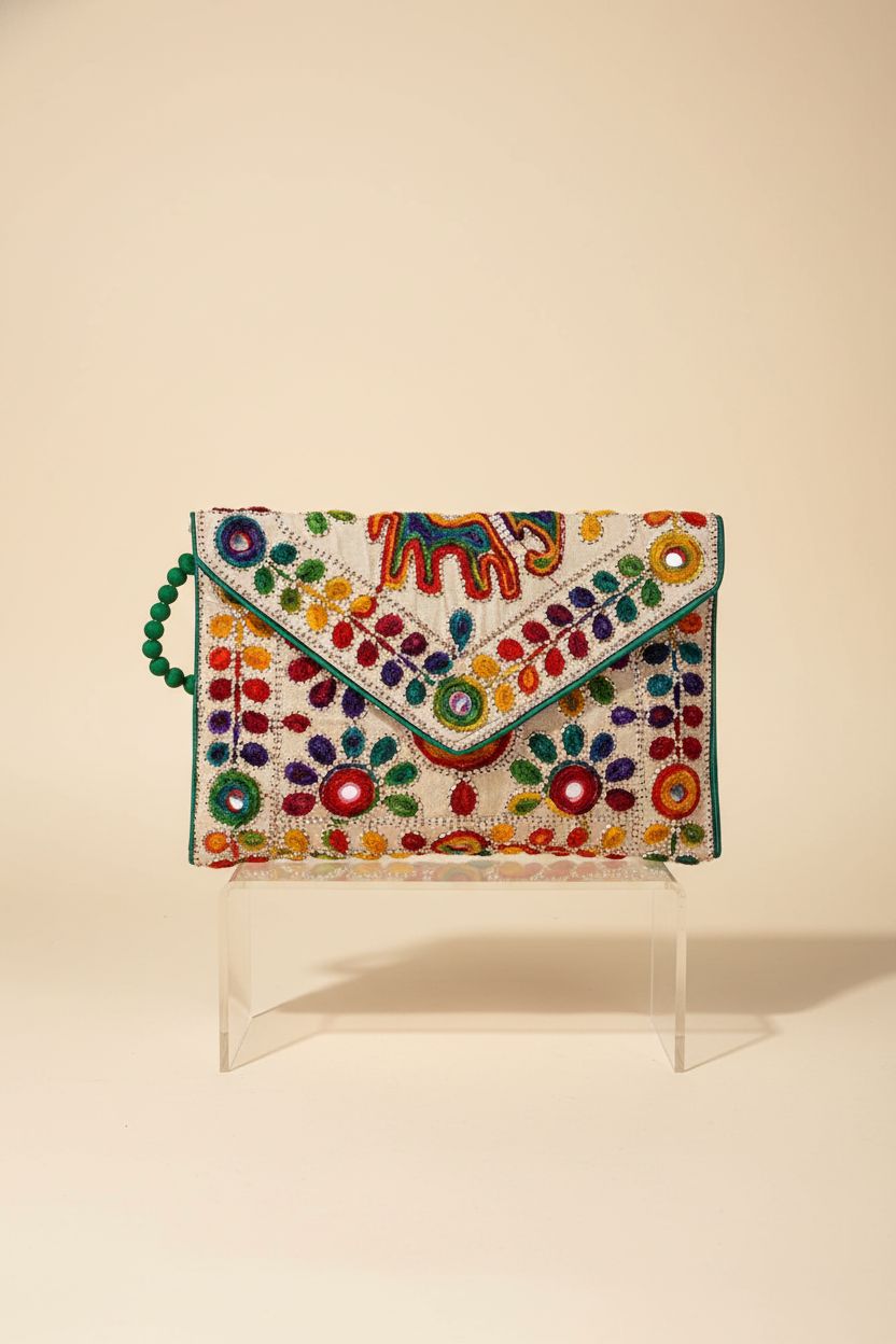 Maatangi's Rajasthani Jaipuri Art Sling Bag displayed on a studio set, highlighting its quality and craftsmanship.