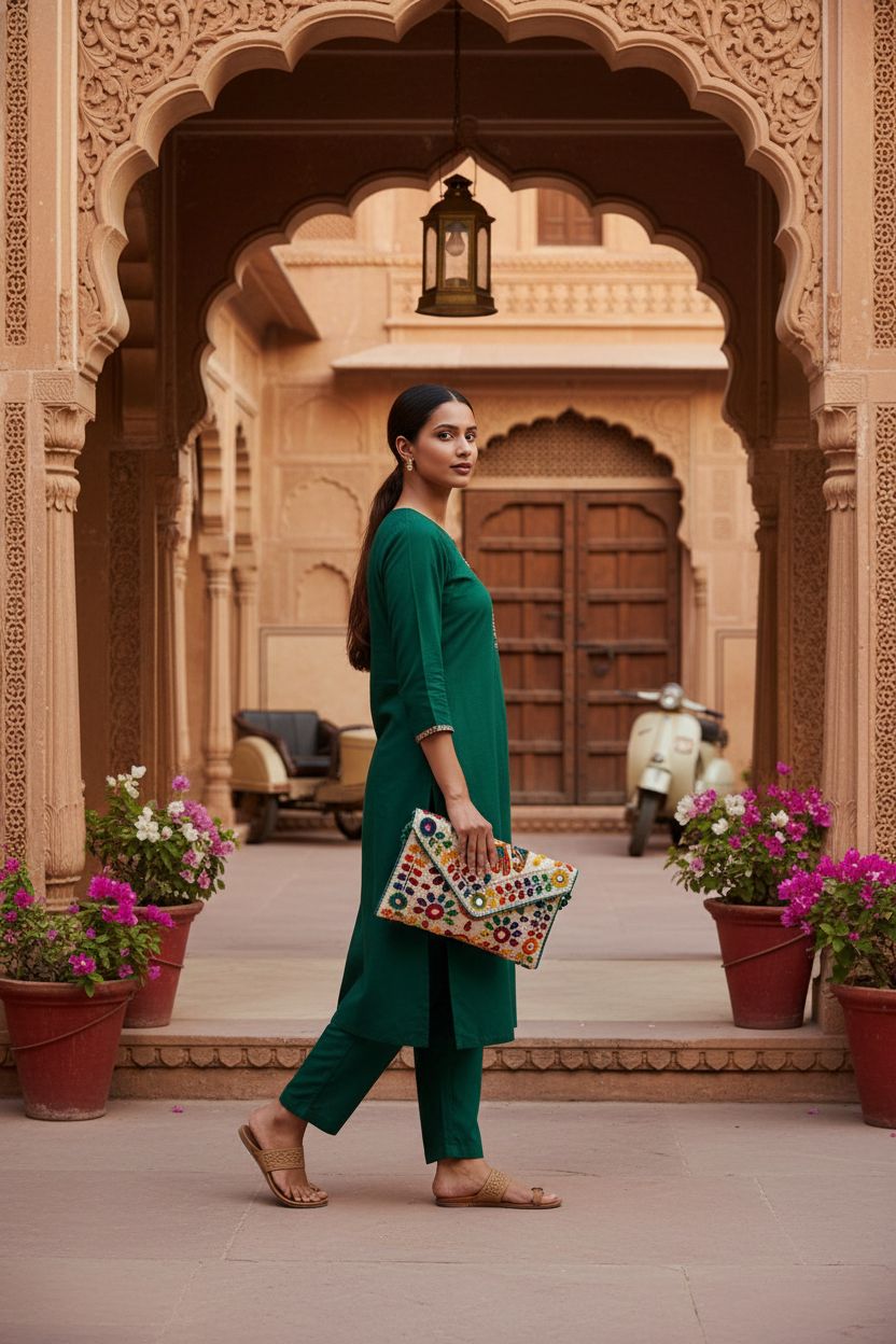 Rajasthani Jaipuri Art Sling Bag by Maatangi showcased in a beautiful courtyard setting.