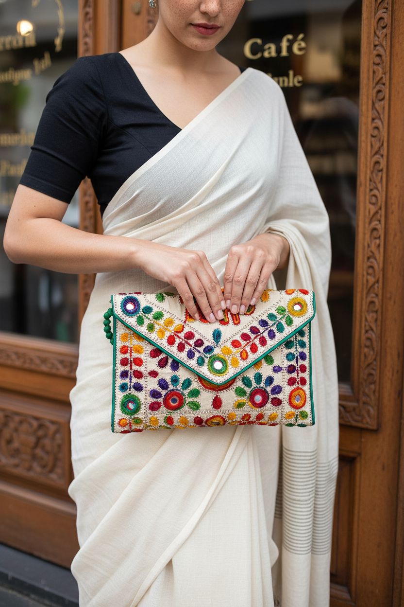 Maatangi's Green Foldover Clutch with intricate mirrorwork and compartments shown in a boutique café.