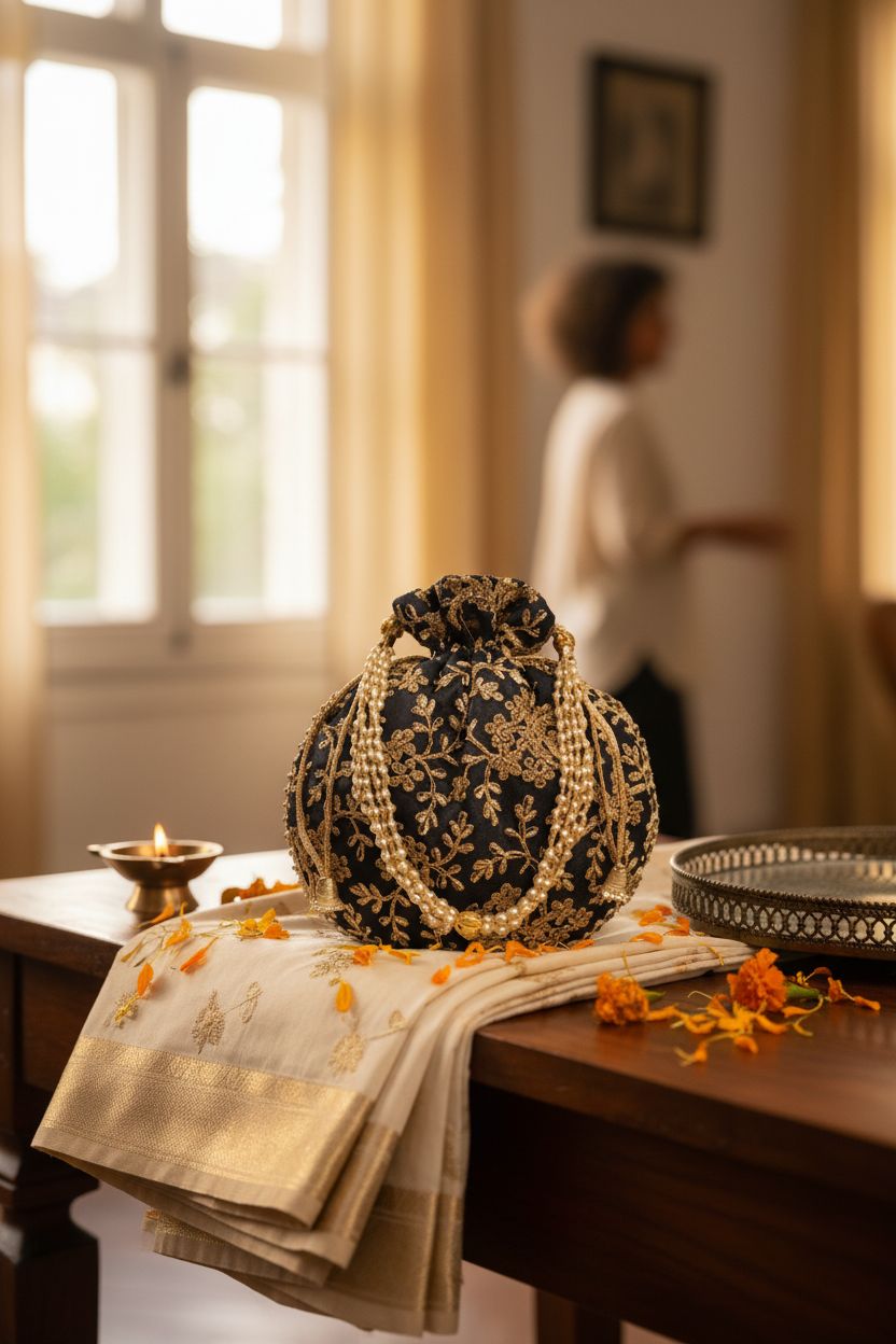 Shivanifashions potli bag on a teak console with marigold petals, creating a warm festive ambiance at home.