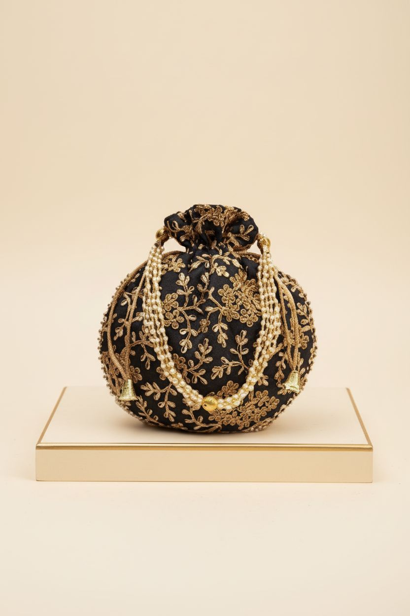 Shivanifashions potli bag showcased against ivory backdrop, highlighting intricate embroidery and pearl handle.