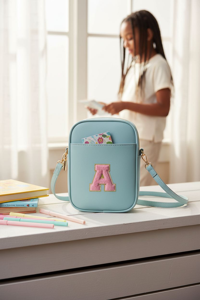 Viverte icing blue toddler purse on a wooden bench, surrounded by storybooks and gel pens.