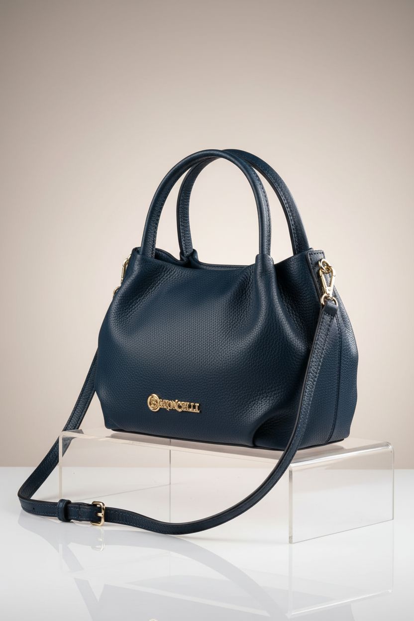 Baroncelli navy blue leather bag showcased on a gray backdrop, highlighting its premium design.