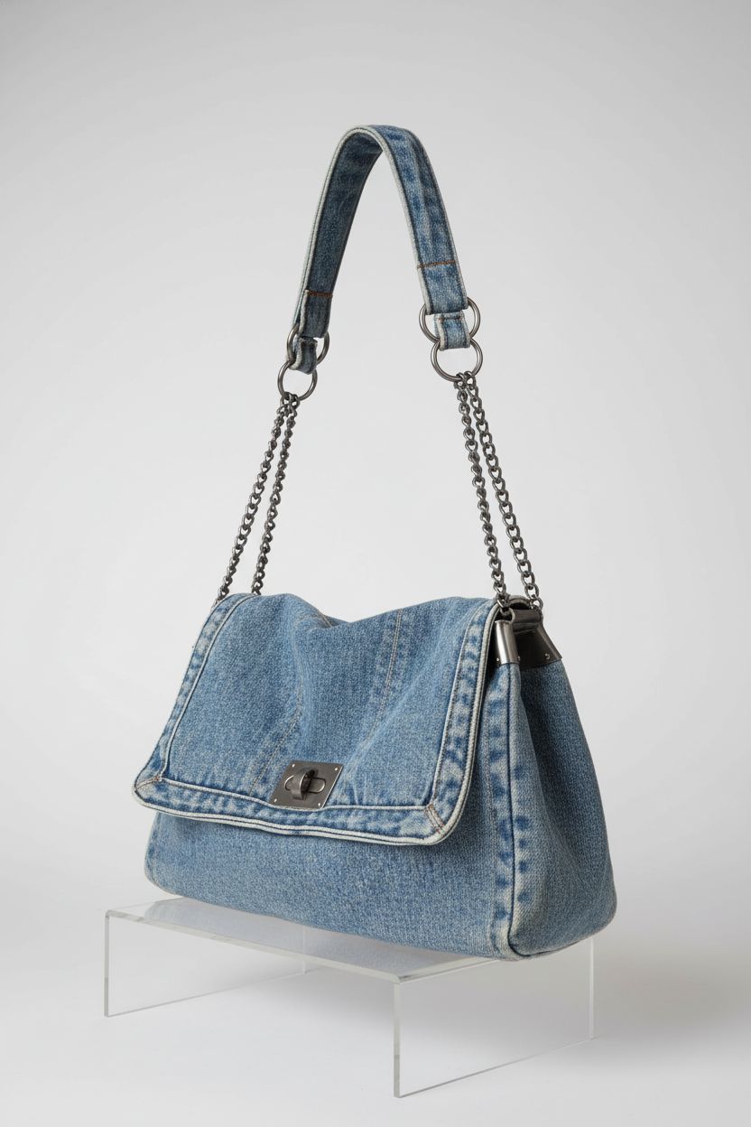 Close-up of KlaOYer light blue denim hobo bag, showcasing quality details like stitching and adjustable chain strap.