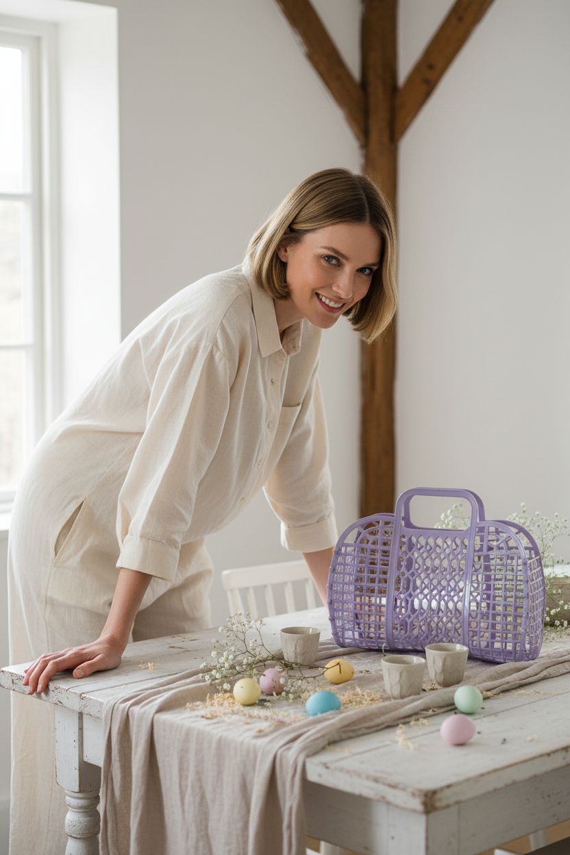 Lavender BABANA jelly purse beside Easter decorations and dyed eggs