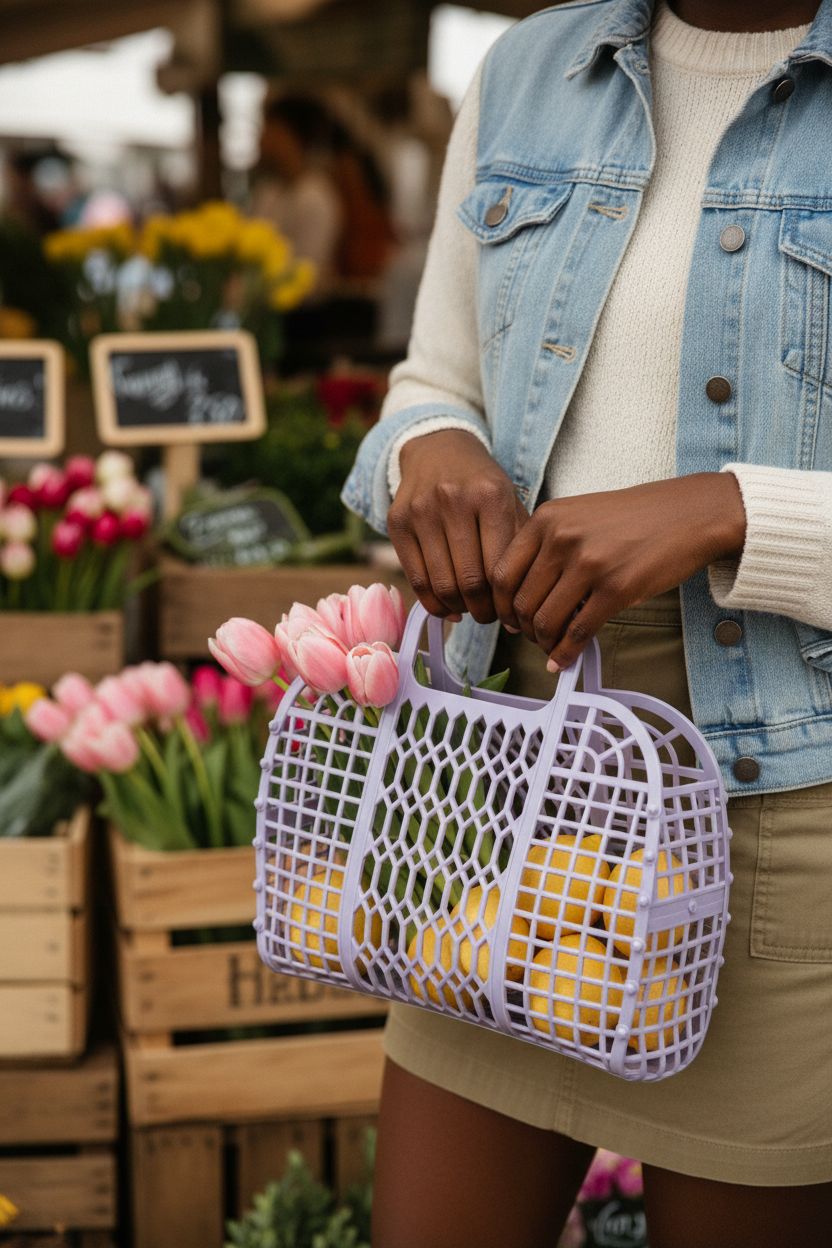 Lavender BABANA jelly purse filled with tulips and lemons at a flower stall
