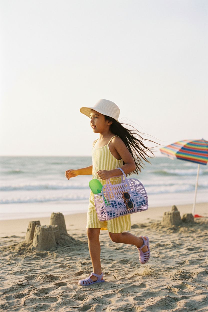 Kids lavender jelly purse at the beach with toys and a towel