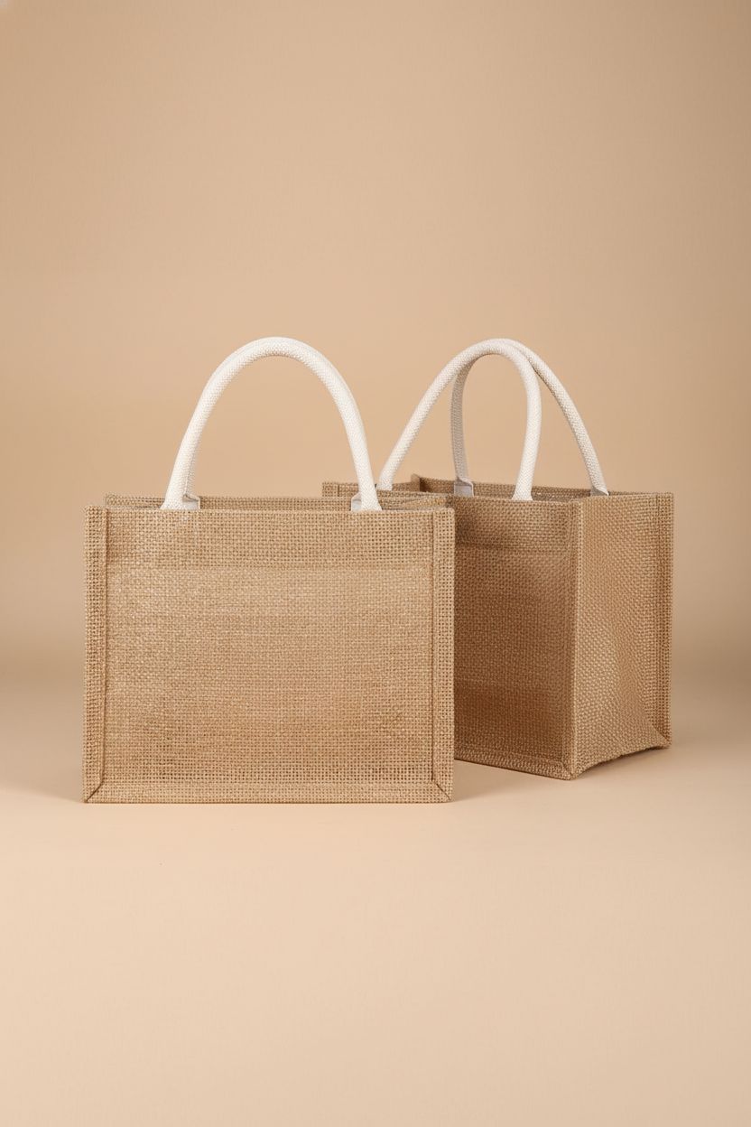 Cunno jute tote bags showcasing burlap texture and cotton handles, perfect for any occasion.