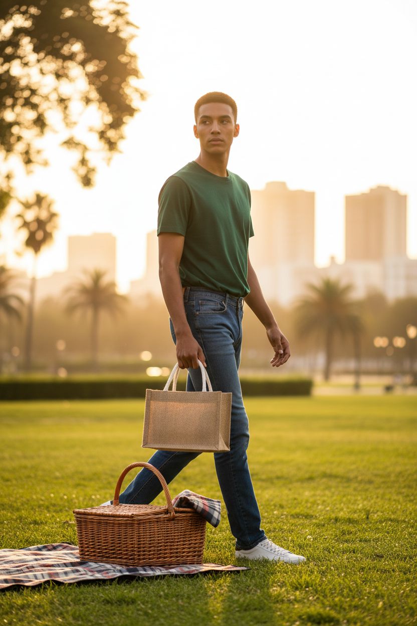Cunno mini jute tote bag in a sunlit park, perfect for beach days and DIY gifts.