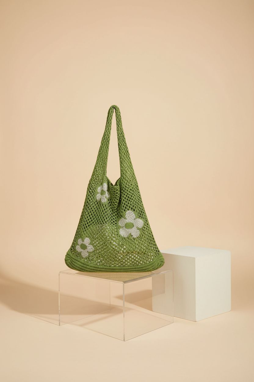 AIYUENCICI green crochet tote bag on a studio backdrop, highlighting its intricate knitting and design.