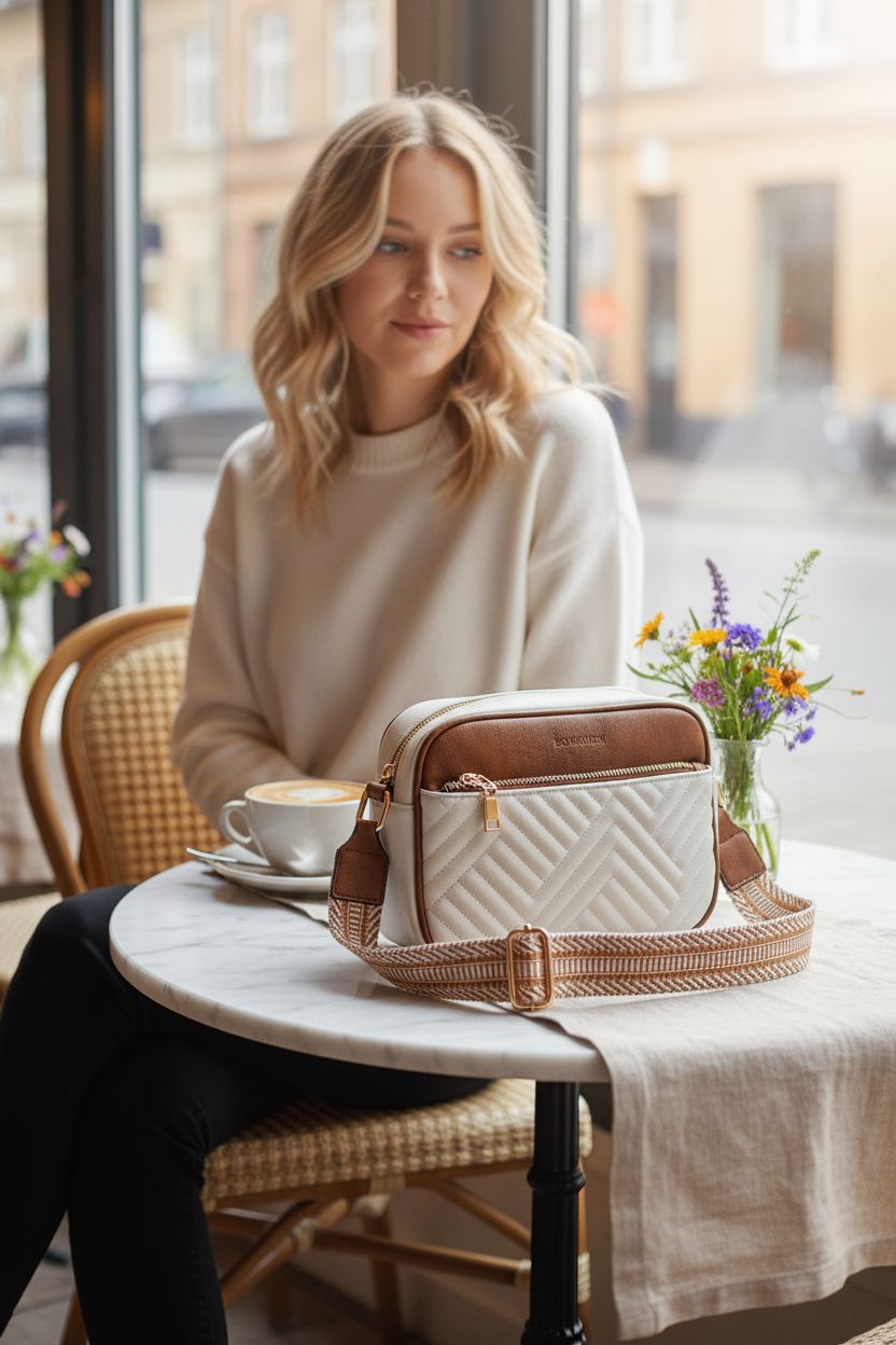 BOSTANTEN quilted crossbody bag resting on a marble table, adding elegance to a café scene.