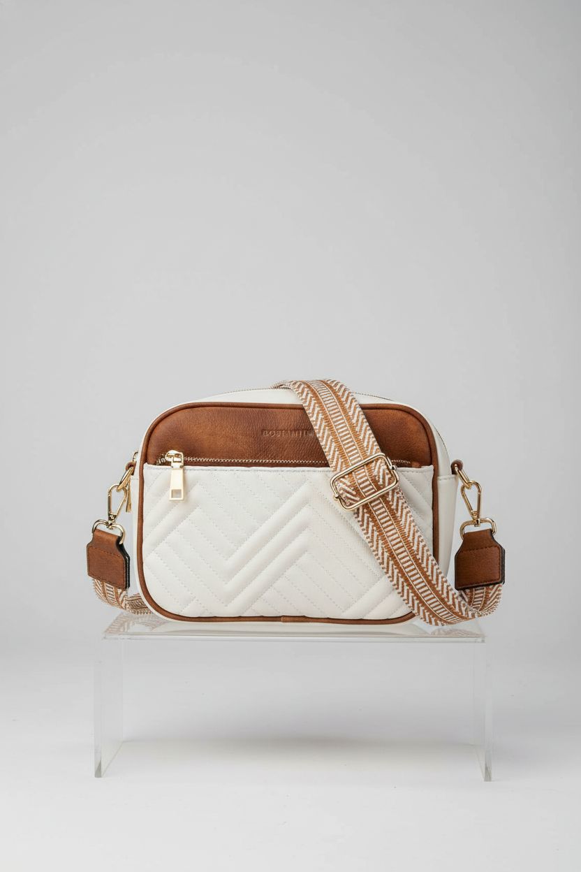 BOSTANTEN vegan leather crossbody bag displayed on an acrylic riser, highlighting its stylish design.