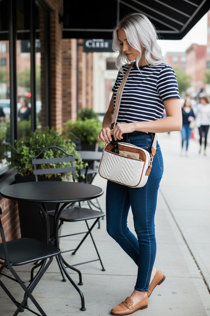 BOSTANTEN beige quilted crossbody bag with brown trim on a table, showcasing wide strap design.