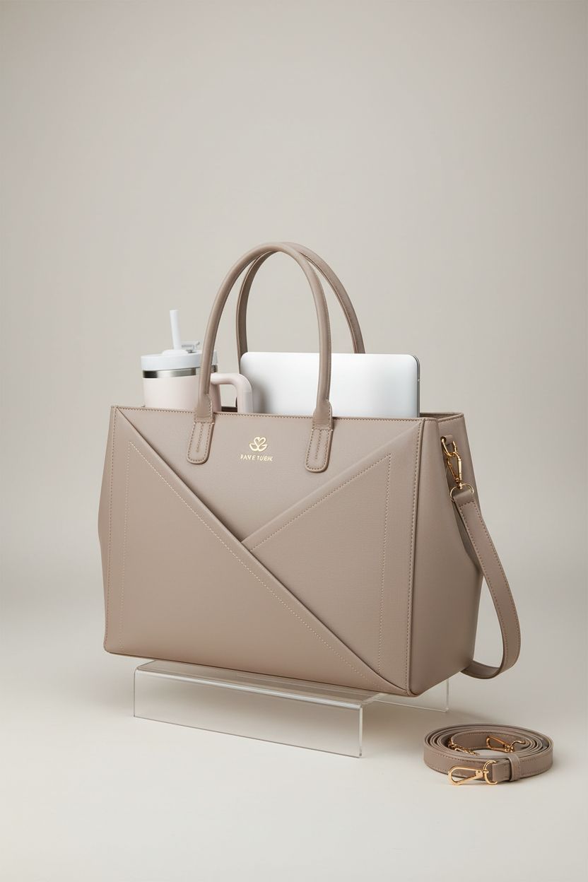 LOVEVOOK taupe laptop tote bag displayed in a studio, showcasing its craftsmanship and design features