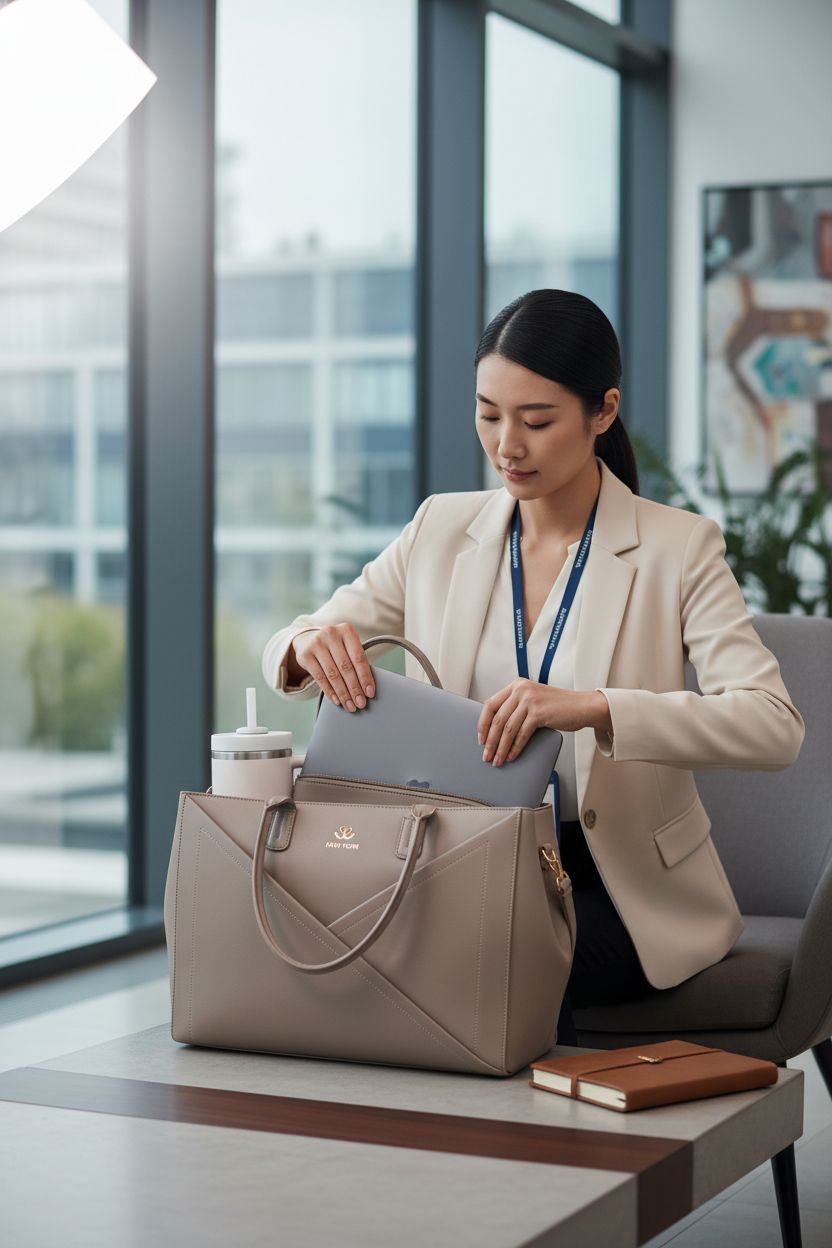 LOVEVOOK laptop tote bag in taupe with a 15.6 inch laptop and a cup holder in an office setting