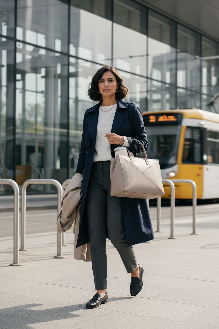 LOVEVOOK taupe laptop tote bag carried during a morning commute, showcasing its stylish design
