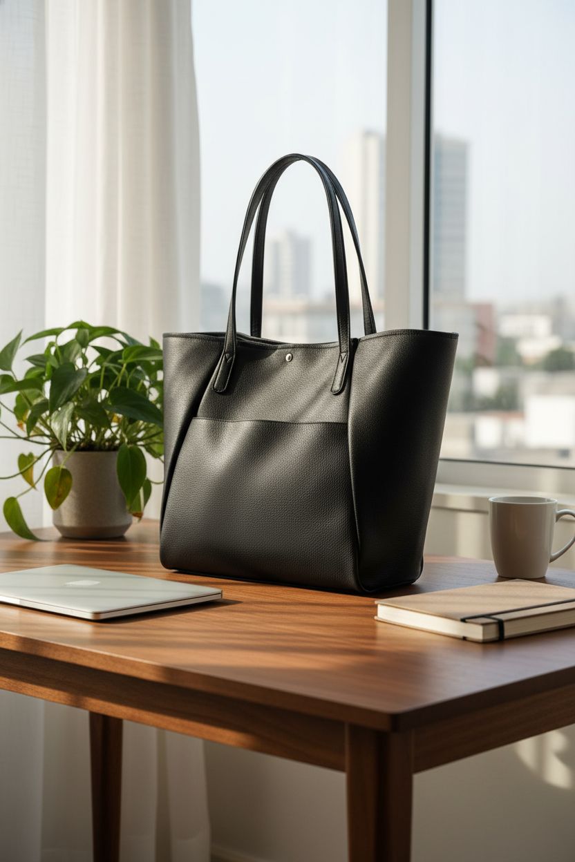 Black vegan leather tote bag by monrich, placed beside a desk in a calm home-office setting, showcasing its design