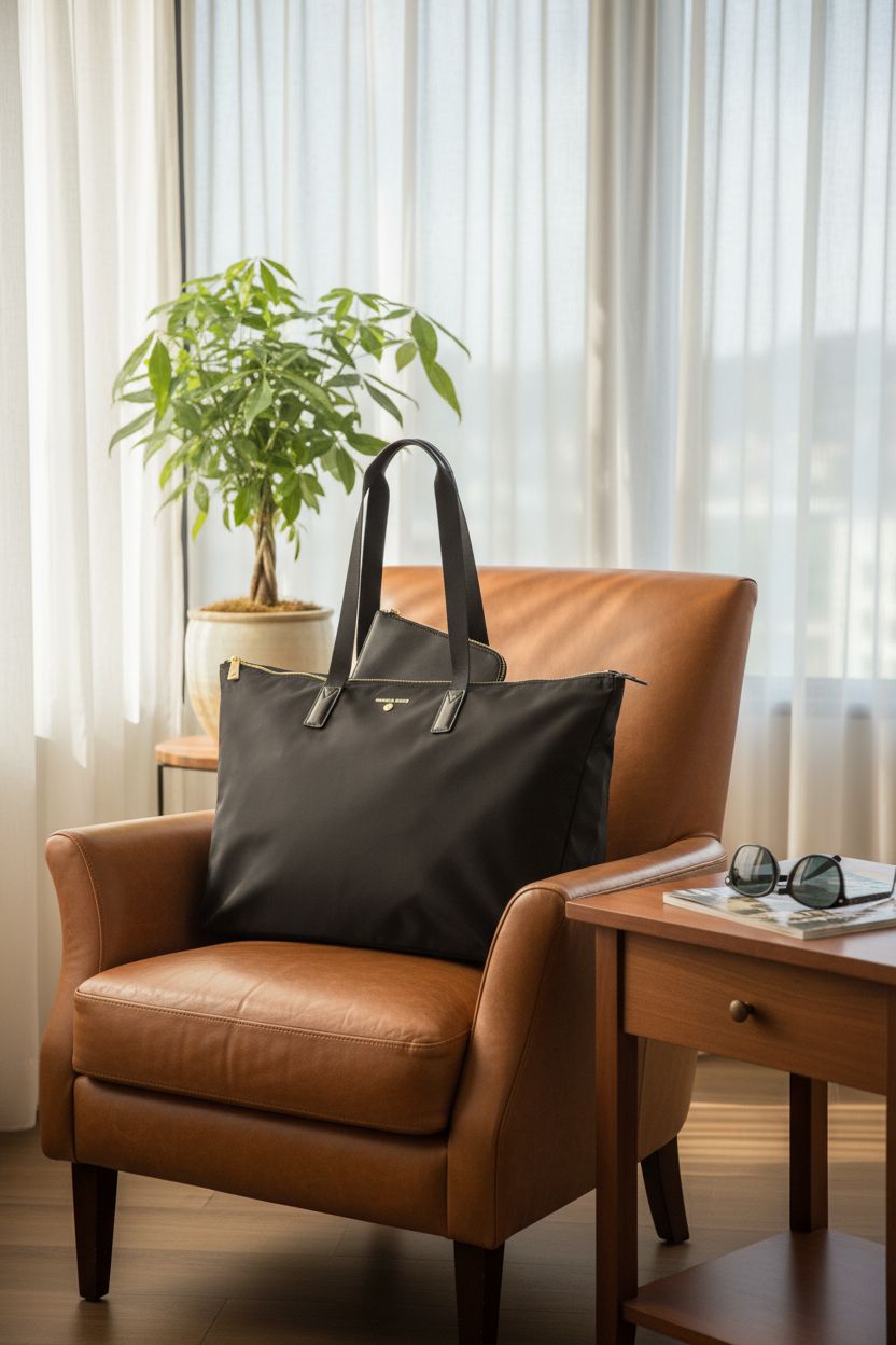 Michael Kors Jet Set Travel Tote Bag resting on a chair, showcasing elegant gold-tone hardware.