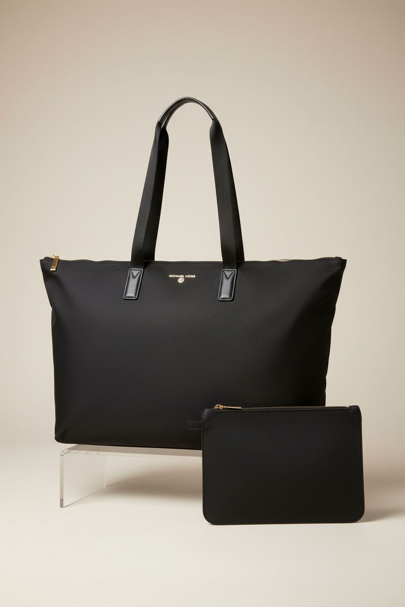 Close-up of Michael Kors Jet Set Travel Tote Bag showing premium nylon material and logo.