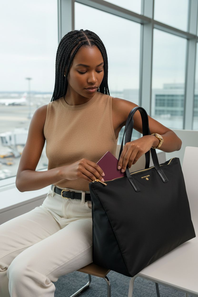 Michael Kors Jet Set Packable Tote Bag in black on lap, perfect for travel essentials.
