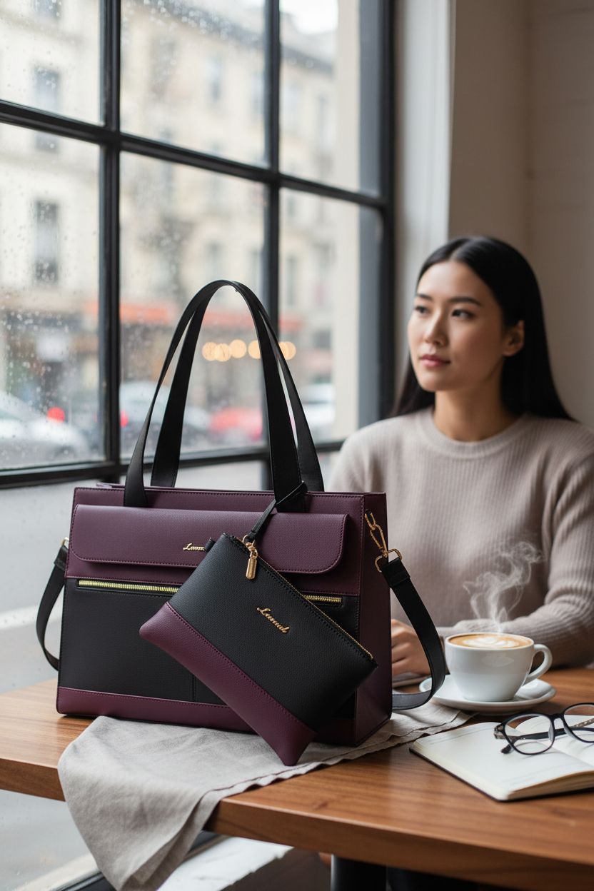 LOVEVOOK tote resting on café table with cappuccino and notebook, showcasing its elegant design.