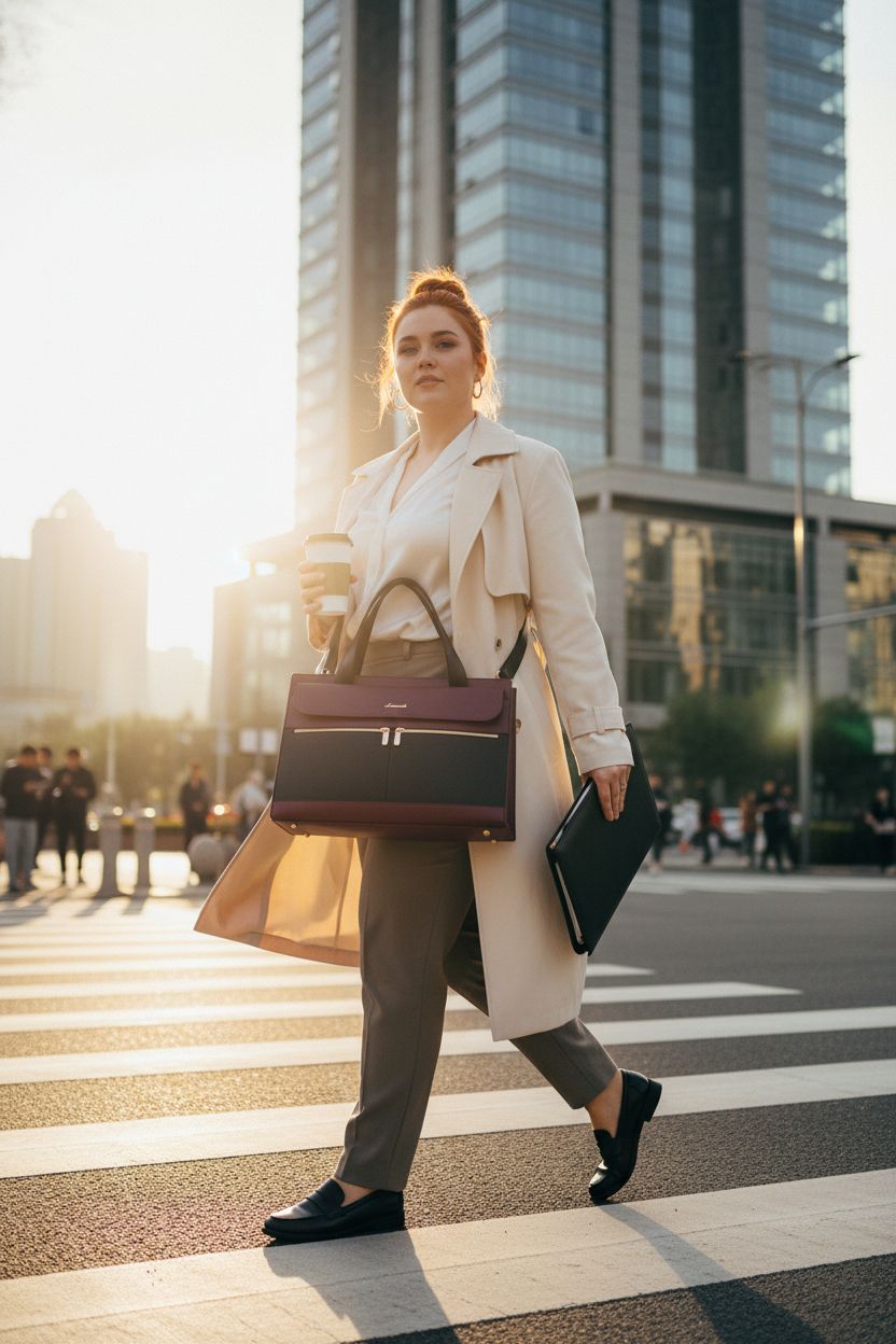 LOVEVOOK tote bag in urban setting, perfect for busy mornings with coffee and portfolio.