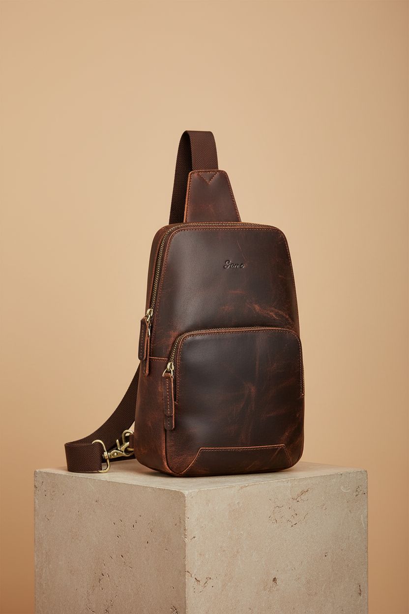 S-ZONE large leather sling bag displayed on a stone plinth, highlighting quality craftsmanship and design.