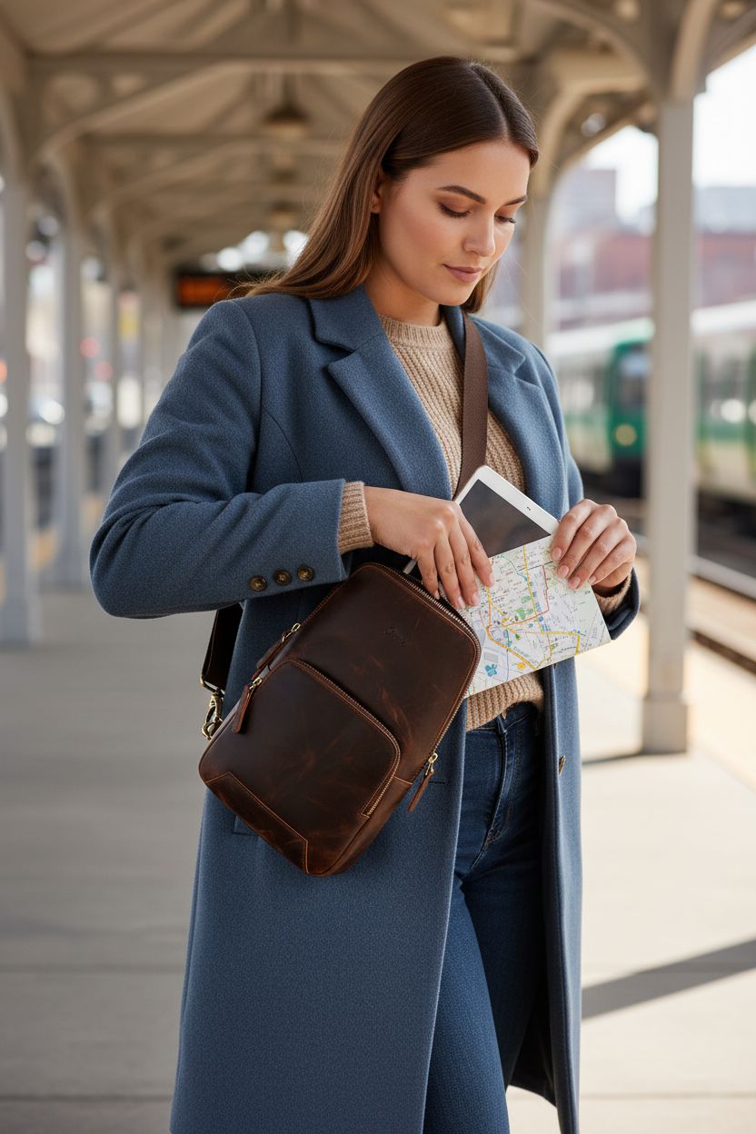 S-ZONE large leather sling bag in dark brown on a light-rail platform, showcasing versatility and style.
