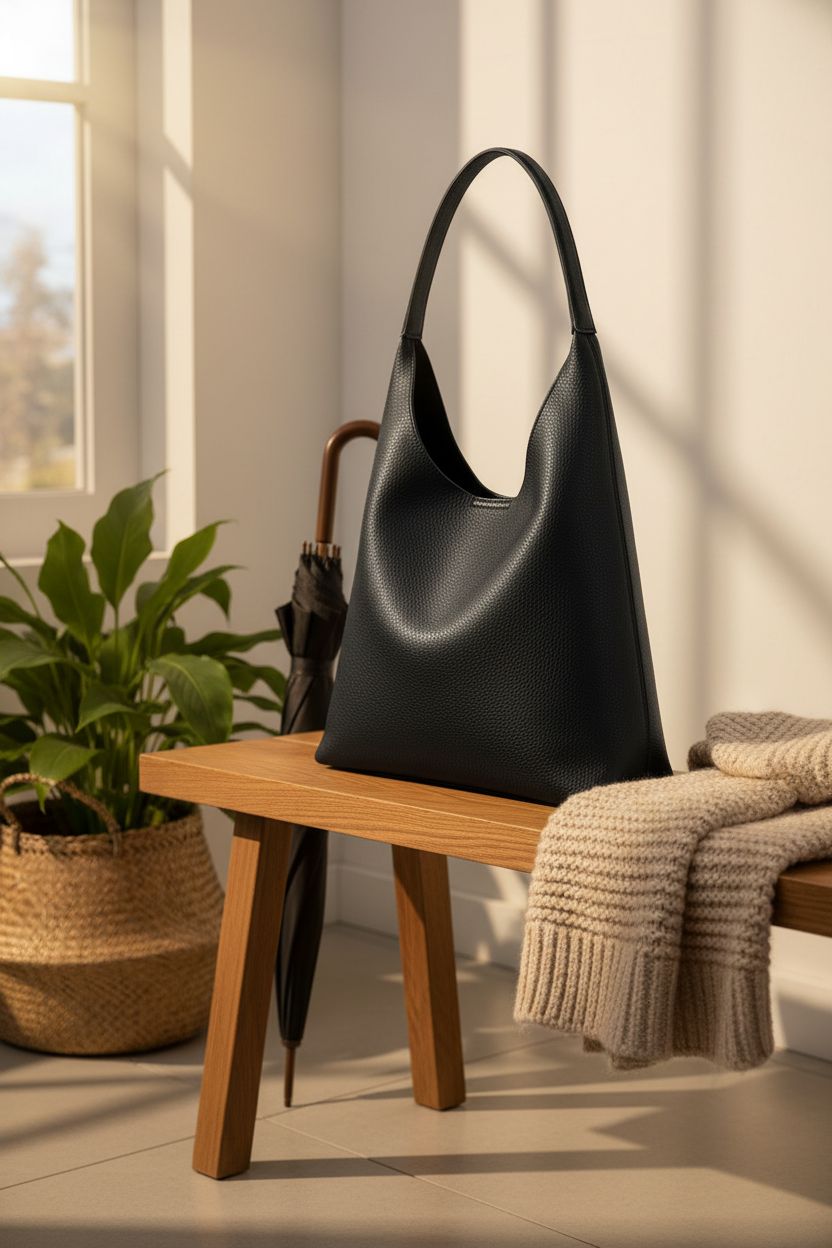 Black hobo bag resting on oak bench with cozy decor, by HOXIS