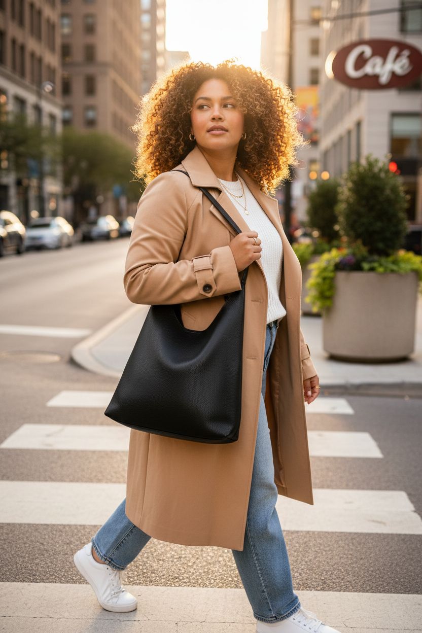 Black vegan leather hobo bag slouching on shoulder in urban setting, by HOXIS