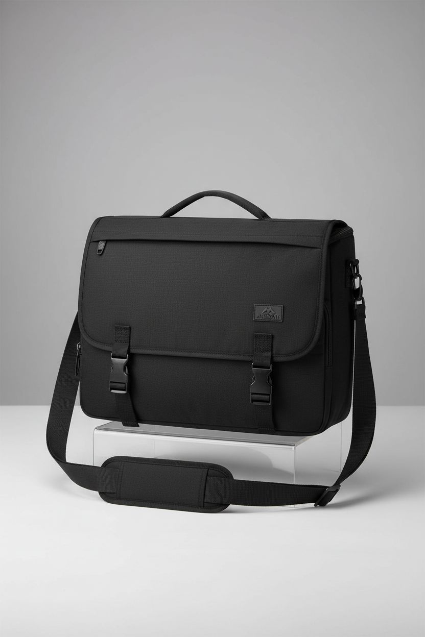 MATEIN large satchel bag displayed on acrylic riser, highlighting its sleek design and adjustable strap.