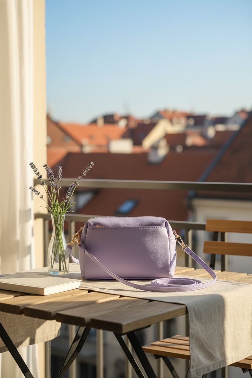 Serene scene with FashionPuzzle lavender bag on a bistro table with a rustic vibe.