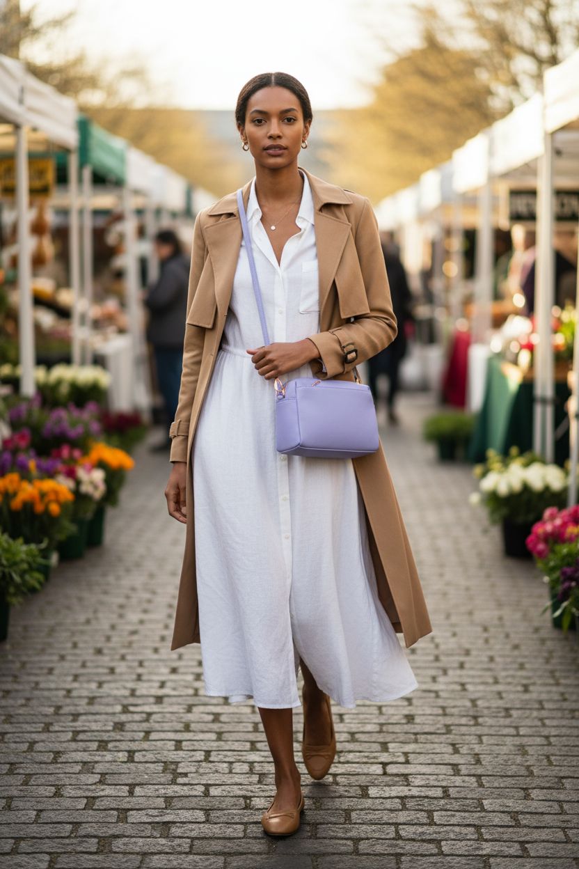 FashionPuzzle lavender crossbody bag at a spring farmers market, stylish and vibrant.