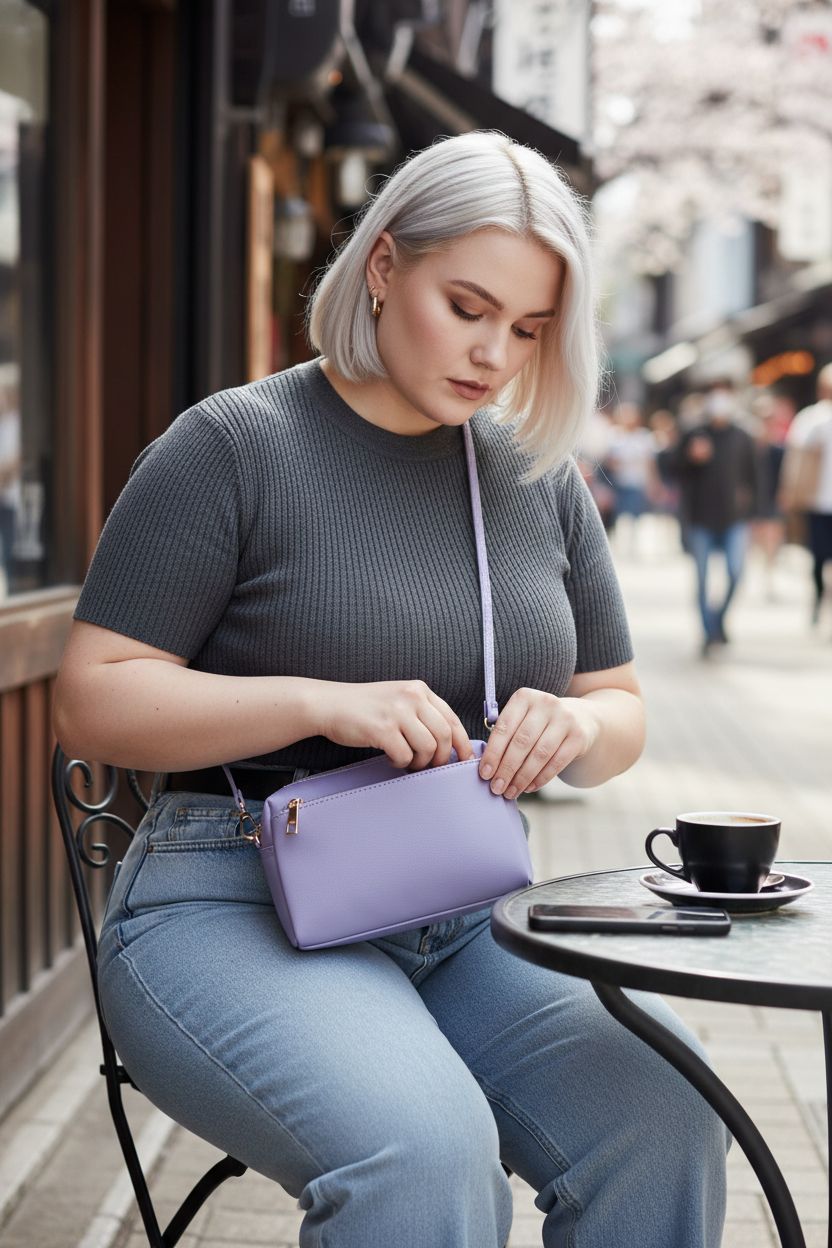 FashionPuzzle lavender purse at a café, perfect for casual outings and coffee breaks.