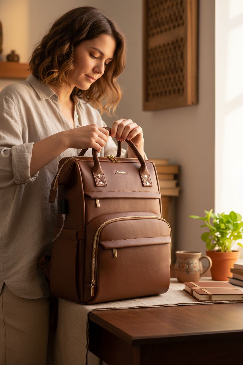 LOVEVOOK leather backpack on a desk in a cozy home office, highlighting its elegant craftsmanship.
