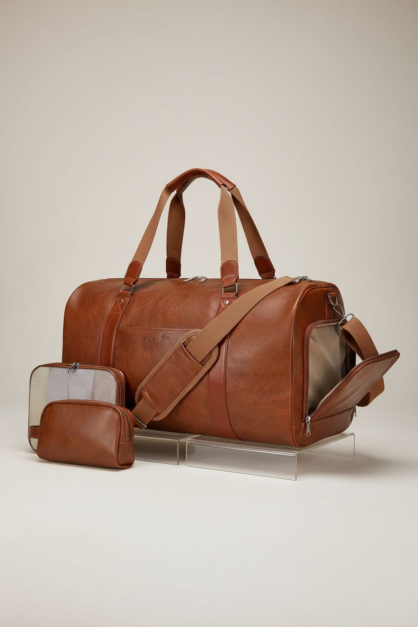 Product display of Double Bus Leather Duffle Bag with toiletries and shoe compartment