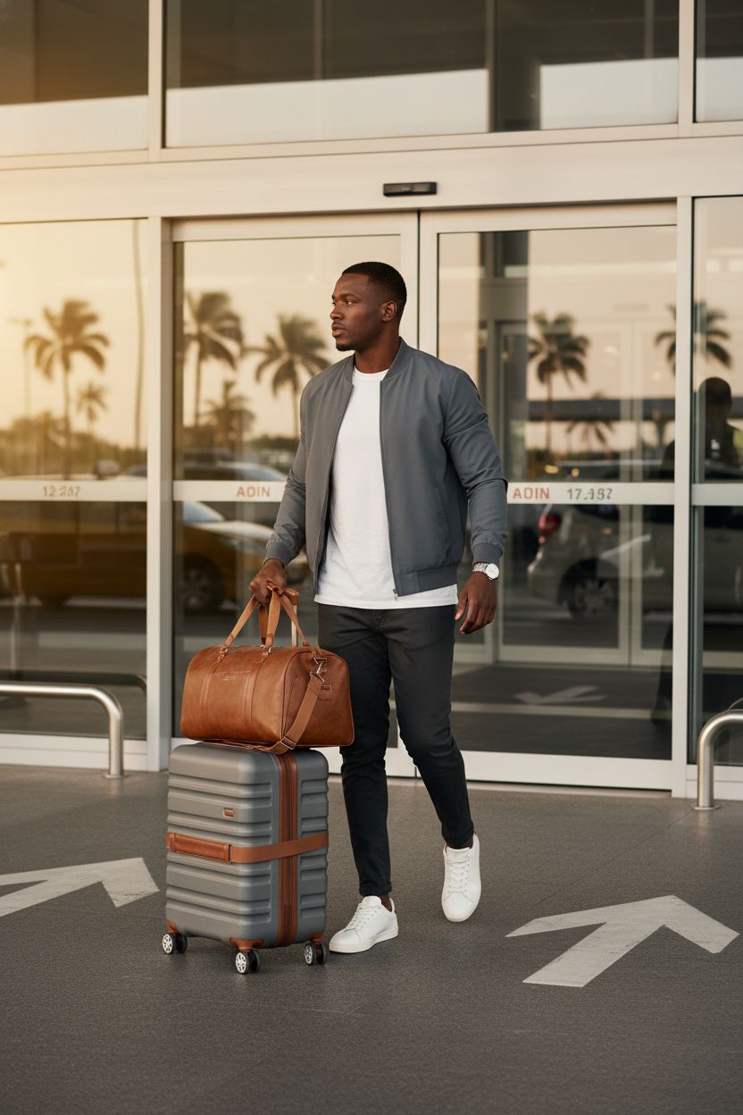 3-in-1 Leather Duffle Bag by Double Bus on suitcase at an airport