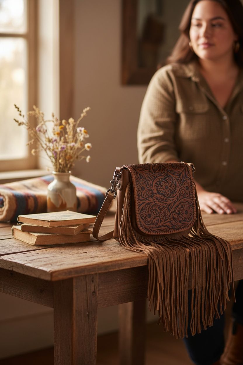 Montana West leather fringe purse beside books and decor in a cozy ranch house setting.