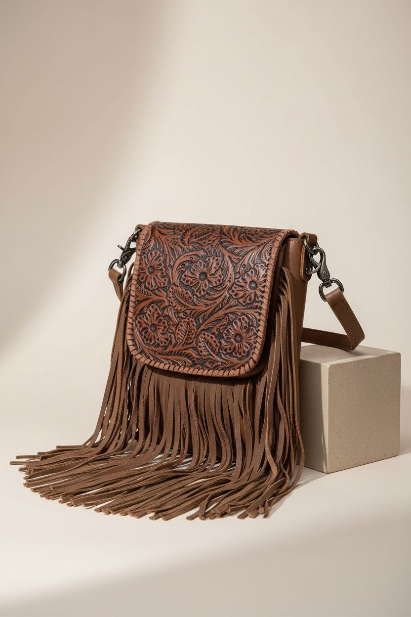 Montana West brown leather fringe purse displayed elegantly on a soft gradient background.