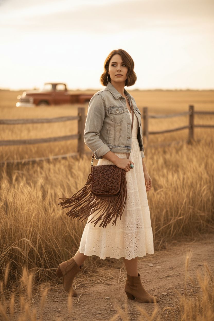 Montana West brown leather fringe purse against a prairie backdrop, perfect for casual outings.