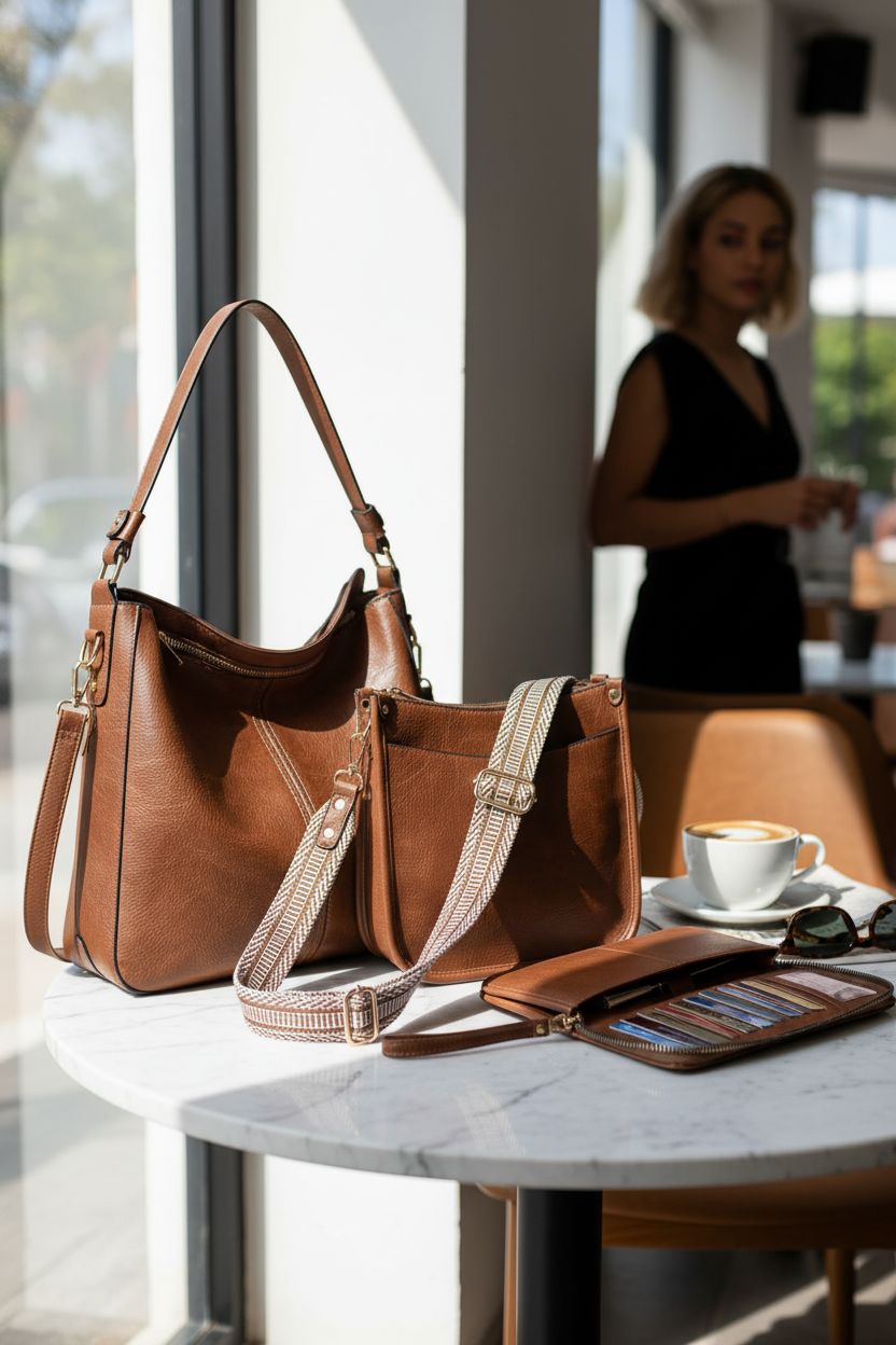 Elegant leather handbag set displayed with coffee and newspaper in a cozy café by BAVERGE.