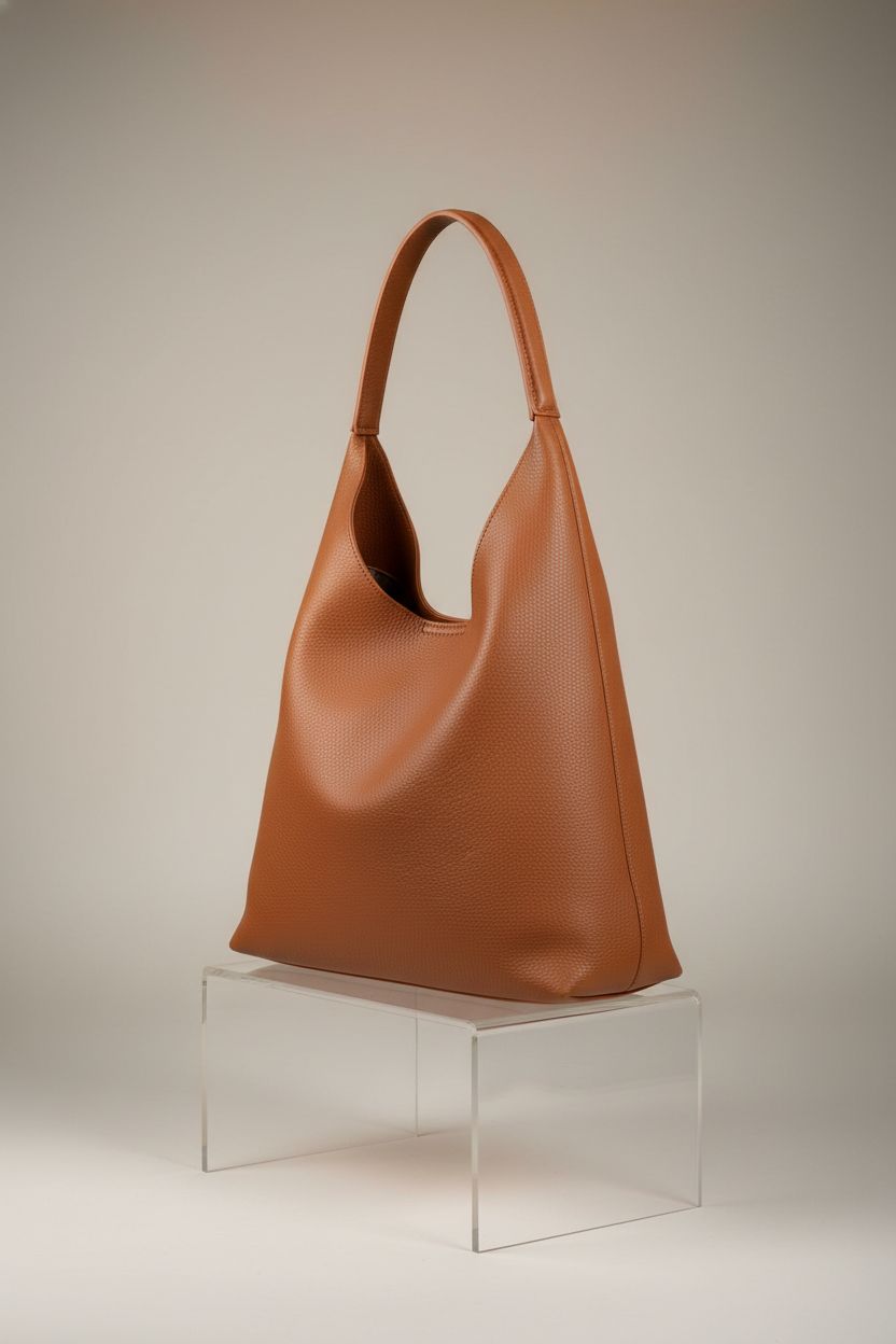 Close-up of HOXIS orange-brown hobo bag showcasing vegan leather craftsmanship