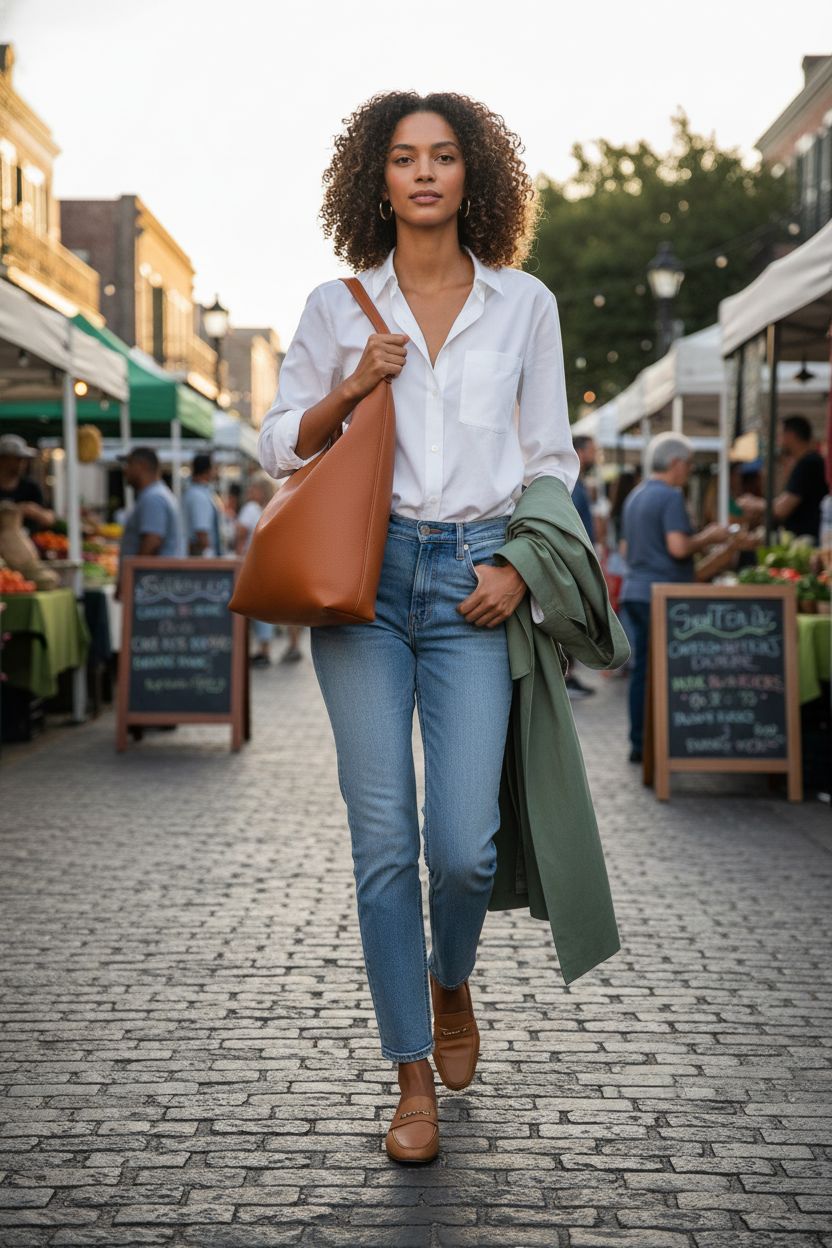 Orange-brown HOXIS slouchy hobo bag on shoulder at a vibrant farmers' market