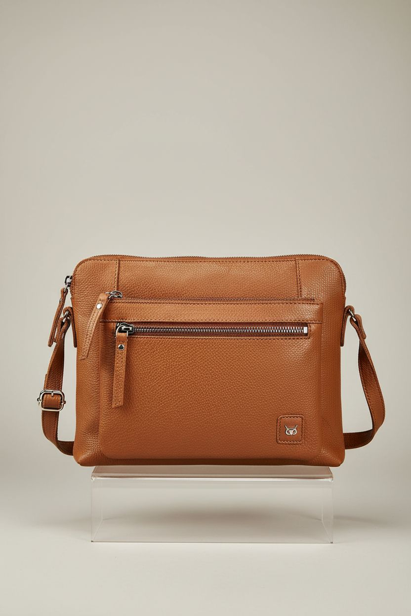 Close-up of Wise Owl Accessories leather crossbody handbag showcasing premium craftsmanship.