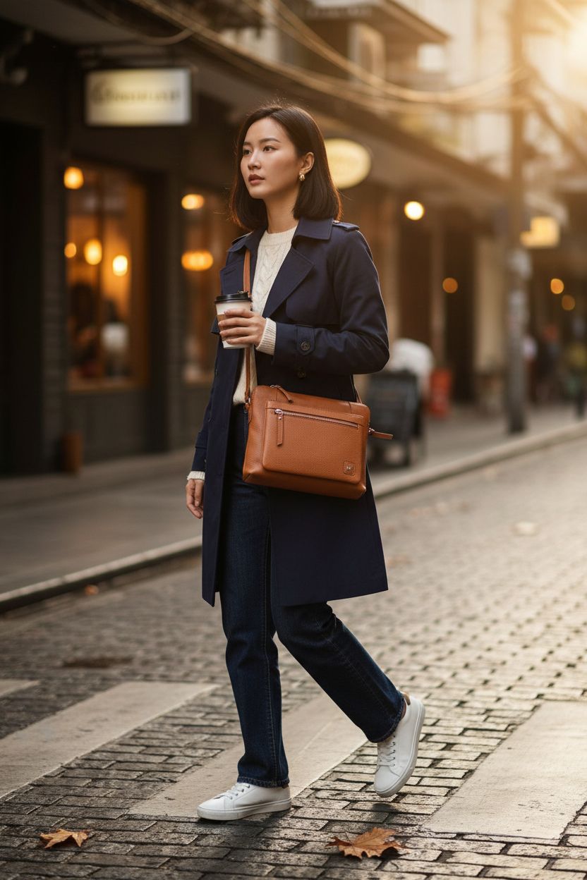Wise Owl Accessories cognac crossbody purse on a cobblestone street, showcasing stylish versatility.