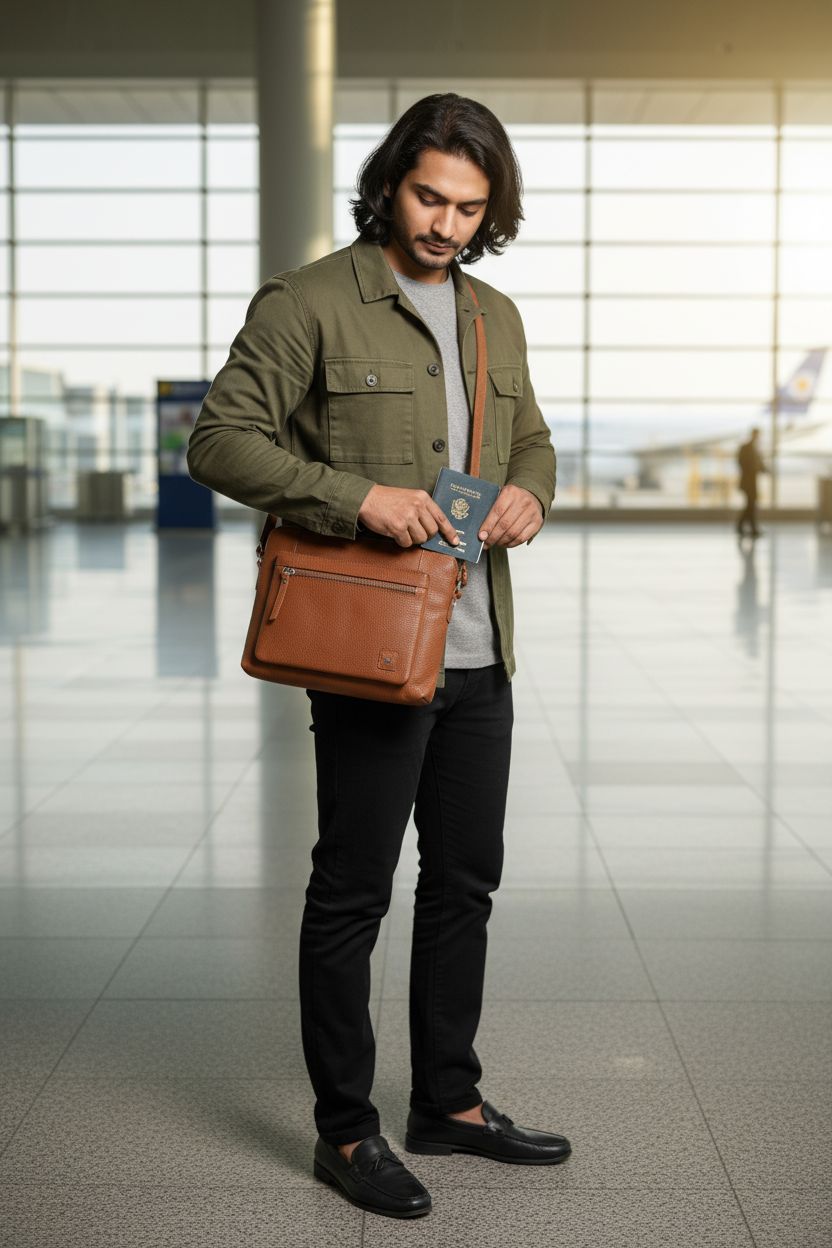 Traveler using Wise Owl Accessories leather crossbody bag with easy-access triple zip pockets.